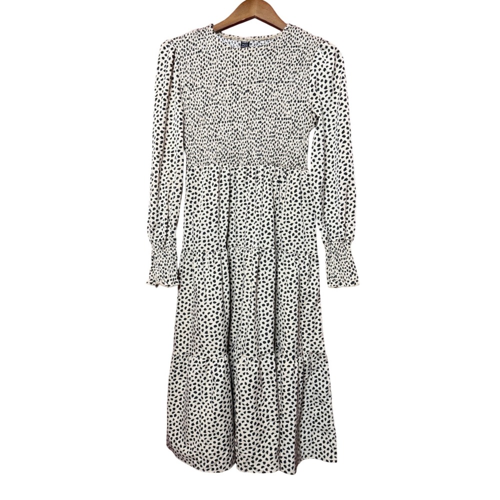 SHEIN Midi Dress Women Small Tan Black Spotted Excellent Smocked Tiered Boho